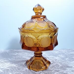 Fostoria Amber Coin Glass Wedding Bowl Lidded Pedestal Candy Dish Compote